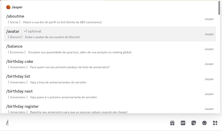 Lista de comandos da Jasper aparecendo no Discord ao digitar uma barra